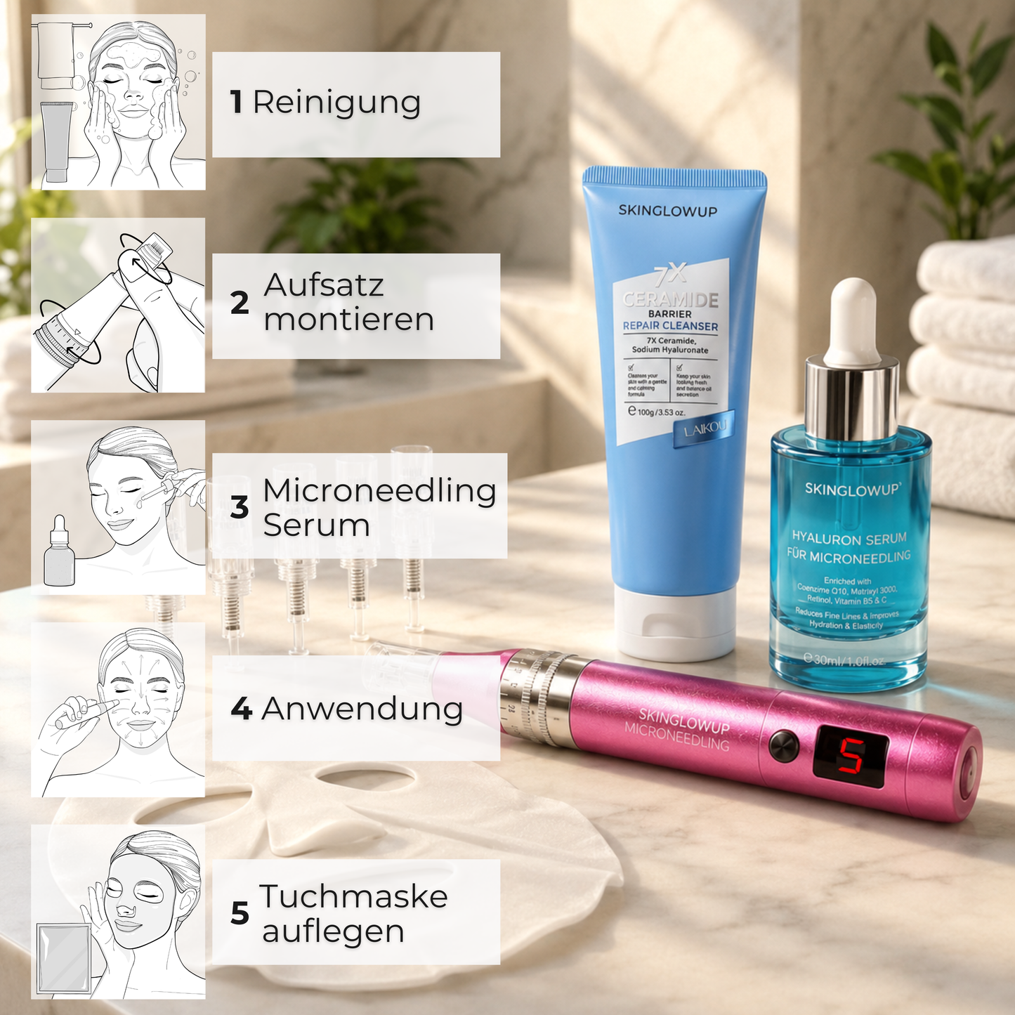 Microneedling Pen Komplett Set für zuhause ᐅ Deine einfache Routine gegen erste Falten & Linien