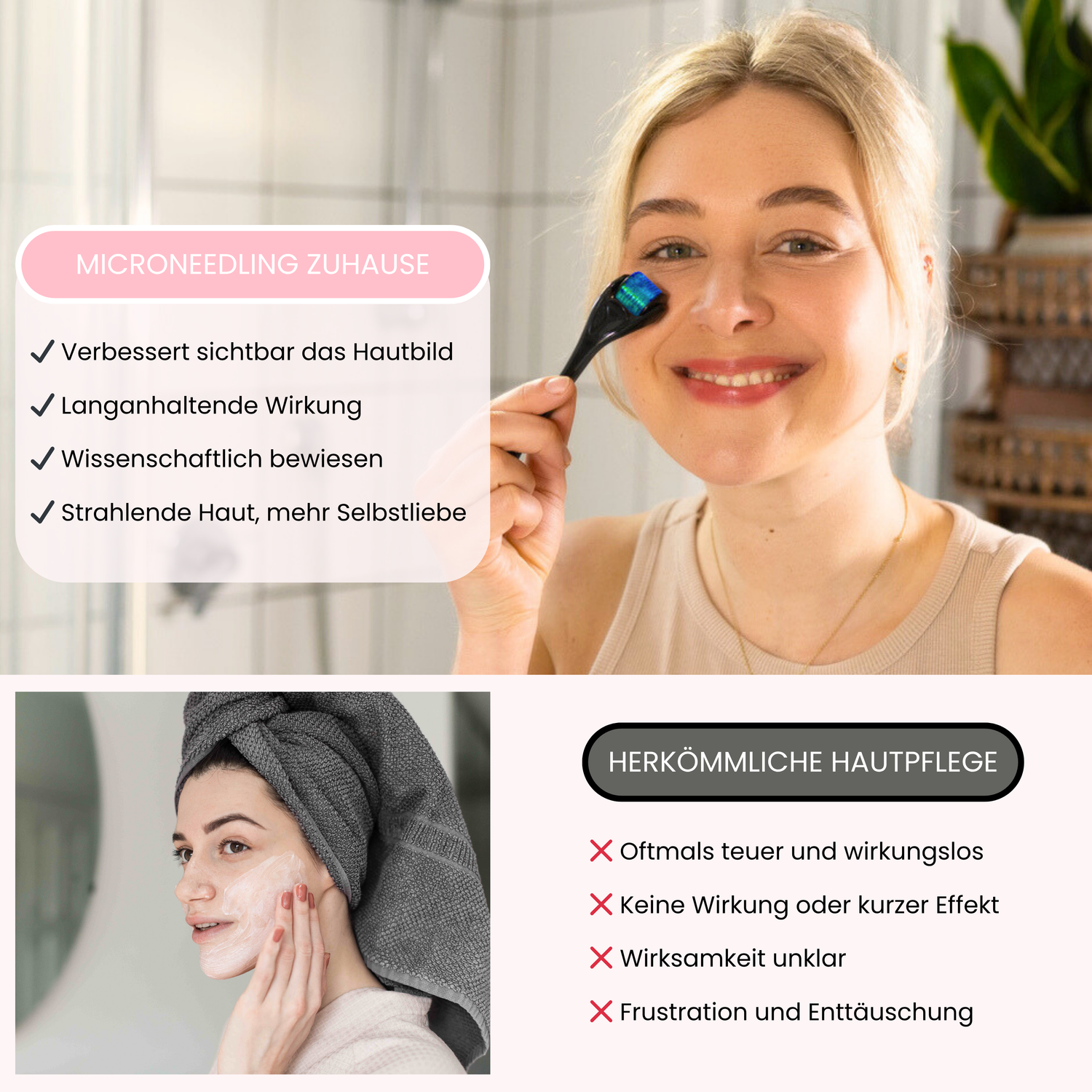 Microneedling Roller Anwendung zuhause – Frau nutzt SkinGlowUp Dermaroller für sichtbar bessere Haut. Vergleich zu herkömmlicher Hautpflege mit begrenzter Wirkung.