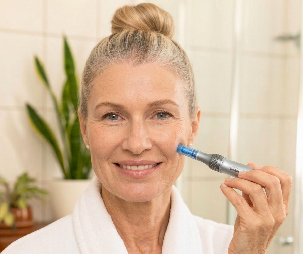 Microneedling zuhause mit Dermapen an der Wange