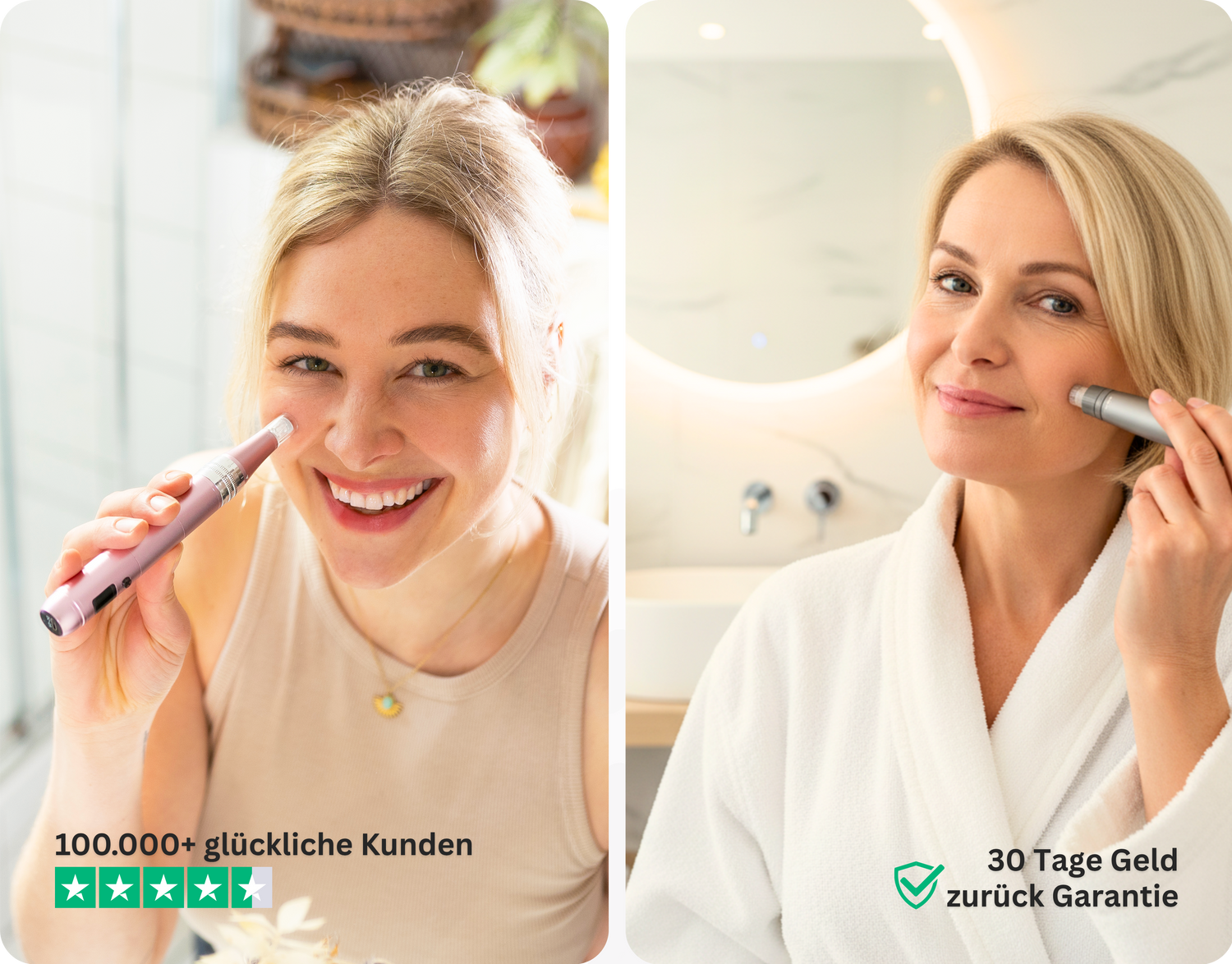 Zwei Frauen wenden Microneedling zuhause im Gesicht an, mit Microneedling Dermapen und Infusion Pen