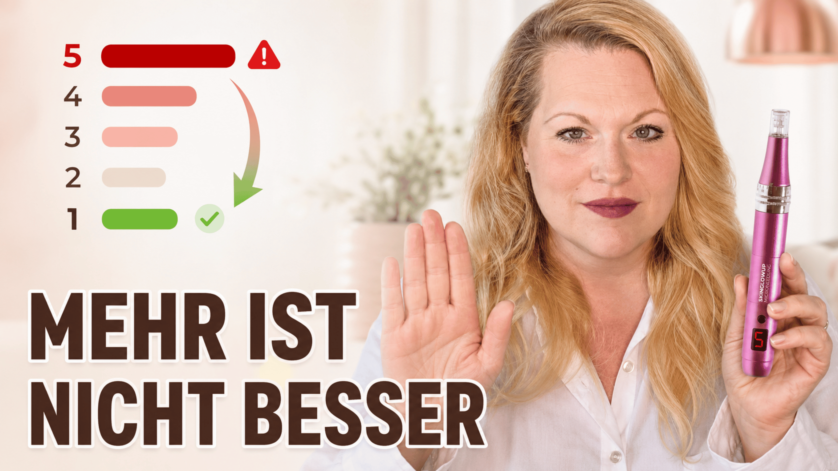 Video laden: Du lernst in diesem Video, wie du beim Microneedling zuhause vorsichtig startest und die Nadeltiefe an empfindliche und robustere Gesichtsbereiche anpasst. Außerdem erfährst du, wie häufig Microneedling sinnvoll sein kann, weshalb die Hautreaktion wichtiger ist als ein starrer Kalender und wann du mit der nächsten Anwendung besser noch warten solltest.