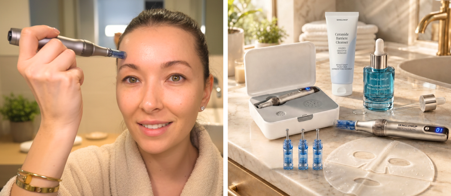 Microneedling Pen in der Anwendung zuhause im Badezimmer und Microneedling Pen Komplett Set mit Dermapen, Hyaluron Serum, Nadeln und Gesichtsmaske liegt bereit zur Anwendung