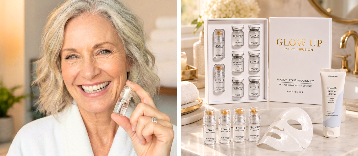 50 jährige Frau mit Micronnedling Infusion Applikator in der Hand, Microneedling Serum Infusion Komplett Set im Badezimmer mit Ceramide Cleanser und Gesichtsmaske