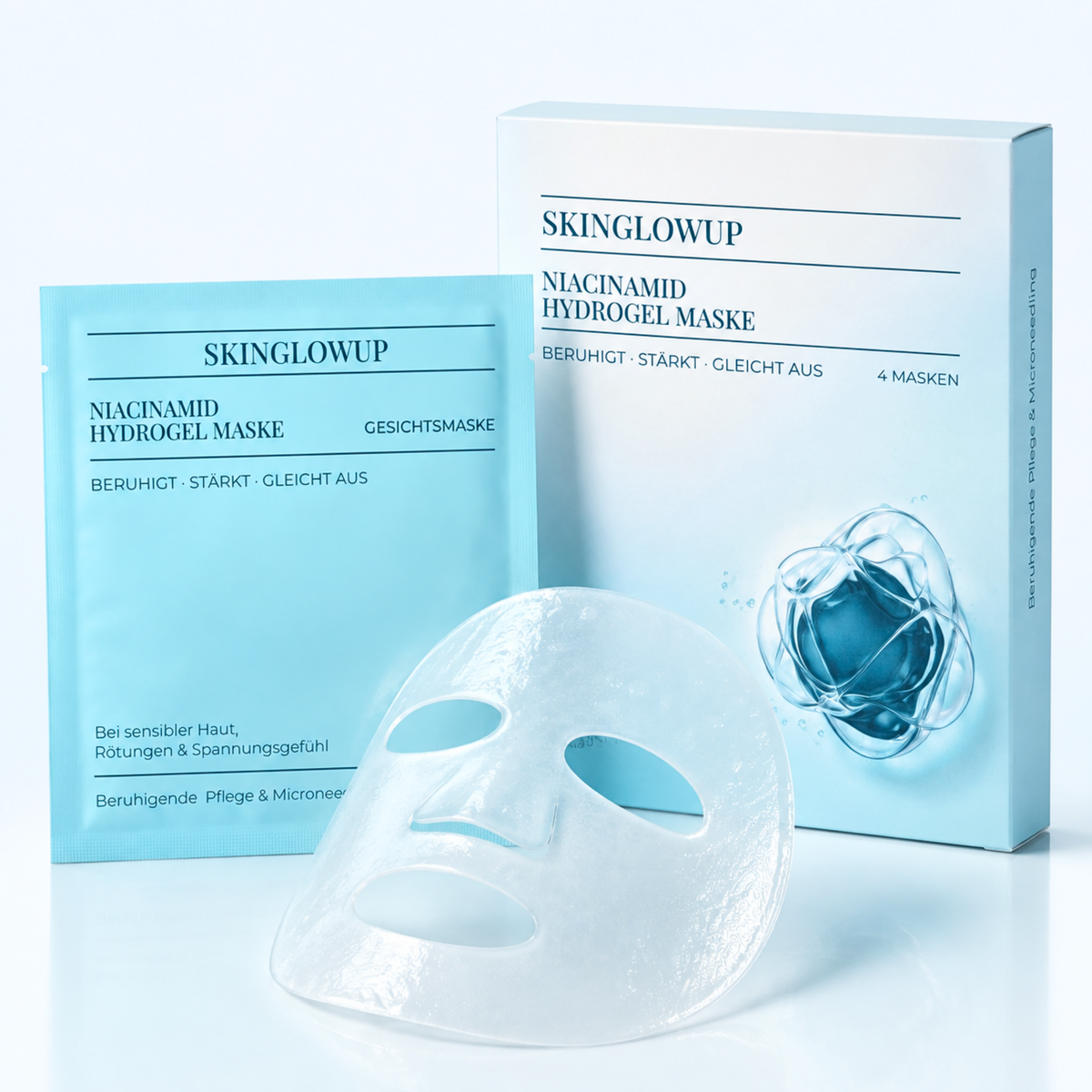 Niacinamid Hydrogel Maske von SkinGlowUp, 4er Pack mit transparenter Gesichtsmaske und Verpackung