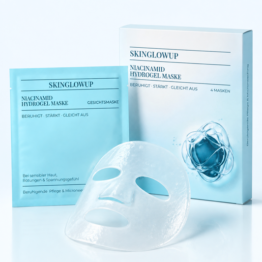 Niacinamid Hydrogel Maske von SkinGlowUp, 4er Pack mit transparenter Gesichtsmaske und Verpackung