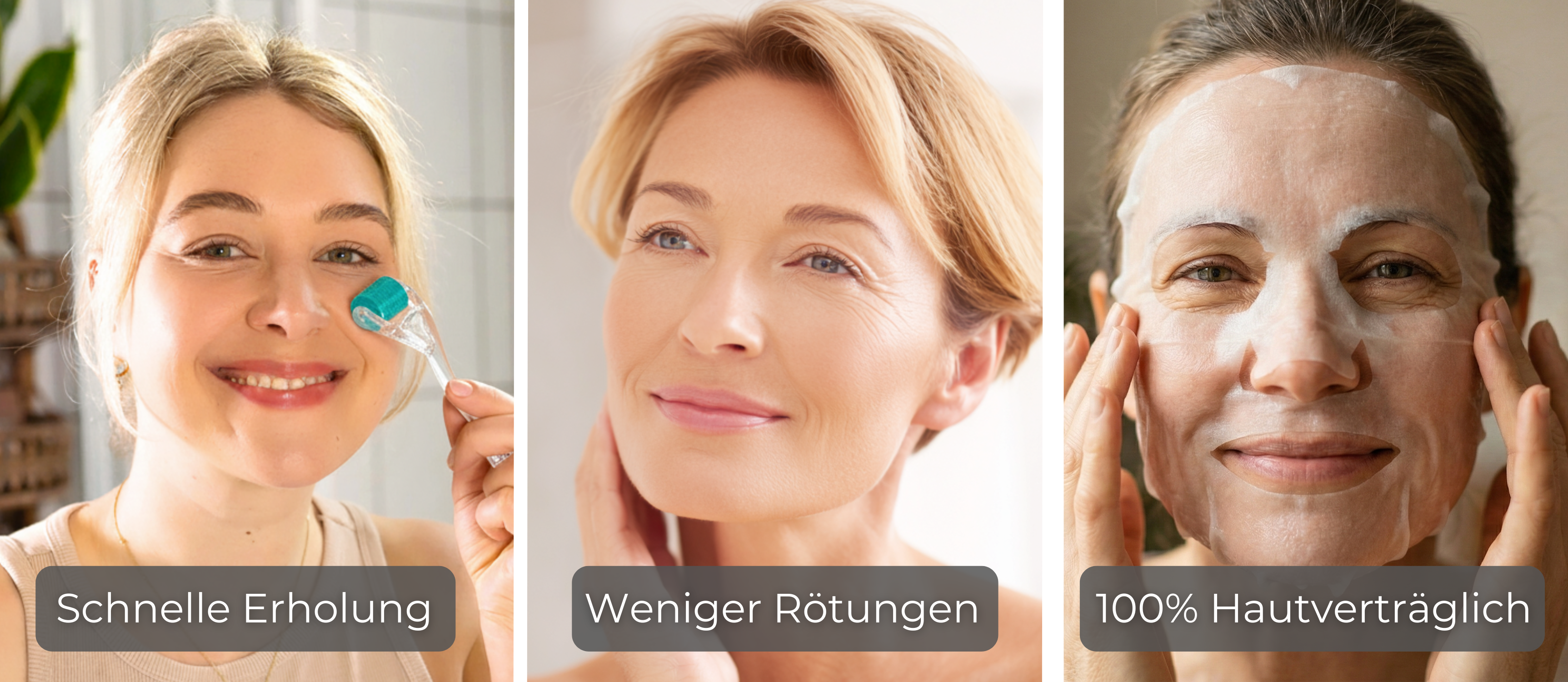 Frauen mit Dermaroller, entspannter Haut und Tuchmaske – schnelle Erholung, weniger Rötungen und hautverträgliche Pflege nach Microneedling