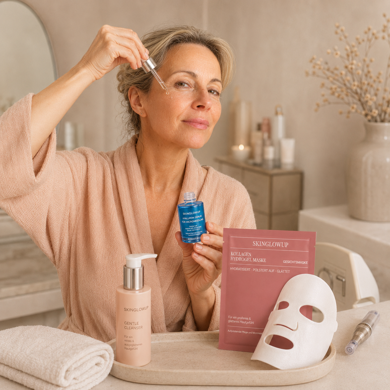 Frau trägt Hyaluronserum zur Pflege und Regeneration zwischen zwei Microneedling-Anwendungen auf.