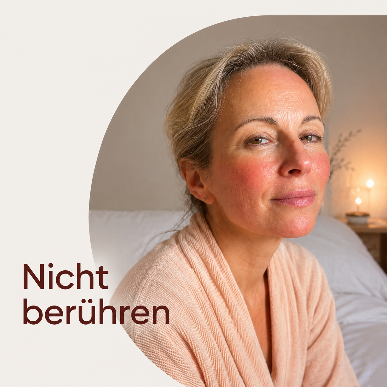 Frau mit leicht geröteter Haut nach dem Microneedling – Gesicht nicht berühren und die Haut in Ruhe regenerieren lassen