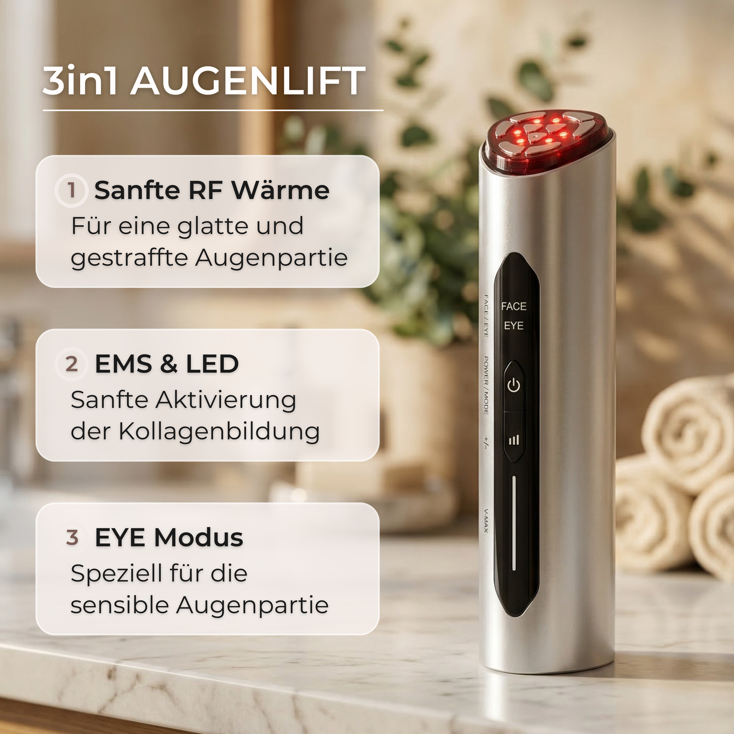Beauty-Device mit RF, EMS und LED für die Augenpartie bei Fältchen und Schwellungen
