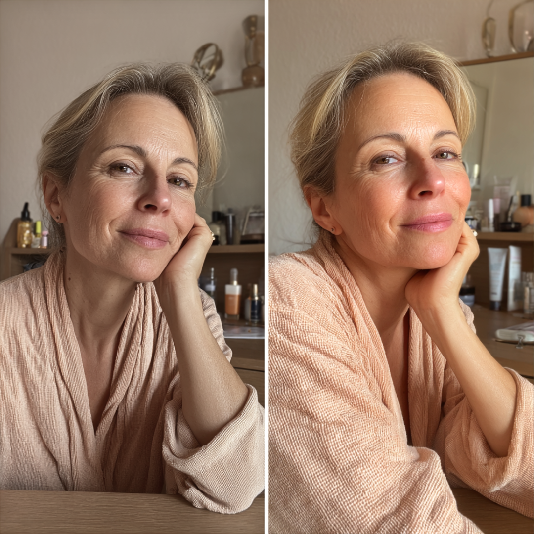 Vorher Nachher Ergebnis mit Pflege nach dem Microneedling bei reifer Haut – glattere, strahlendere Haut durch Microneedling Aftercare