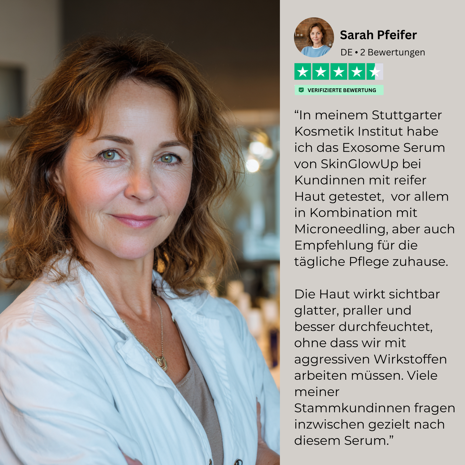 Kosmetikerin berichtet über Exosome Serum in Kombination mit Microneedling bei reifer Haut, professionelle Exosome Microneedling Erfahrung
