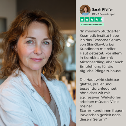 Kosmetikerin berichtet über Exosome Serum in Kombination mit Microneedling bei reifer Haut, professionelle Exosome Microneedling Erfahrung